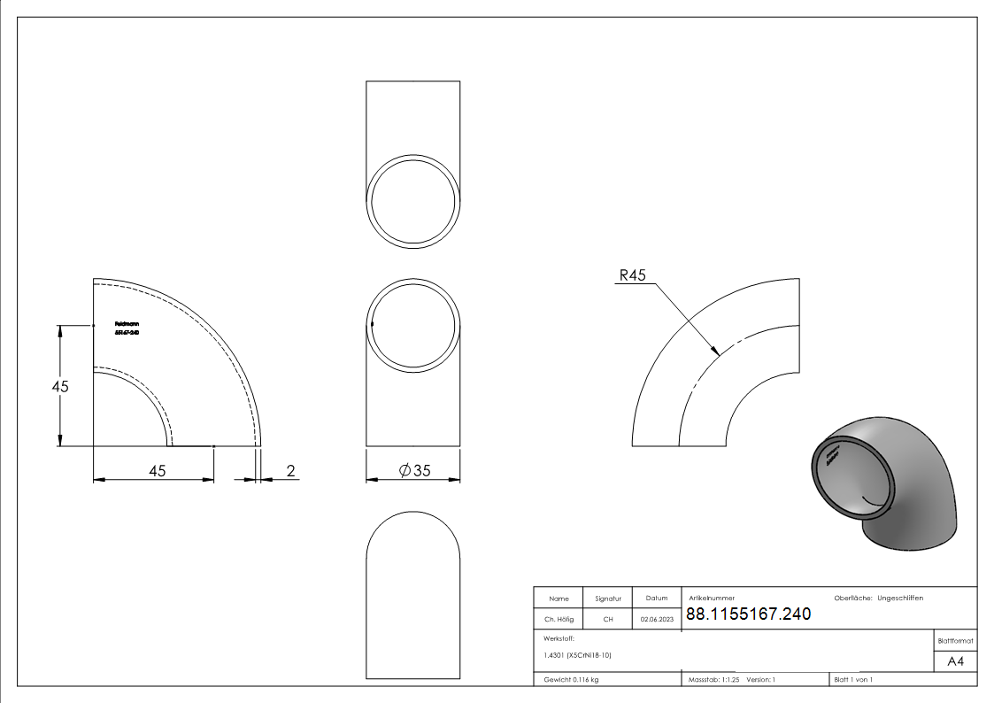 Schweissbogen 90°- 35-0 x 2-0mm- ungeschliffen- V2A- Bauart 3-88-1155167.240