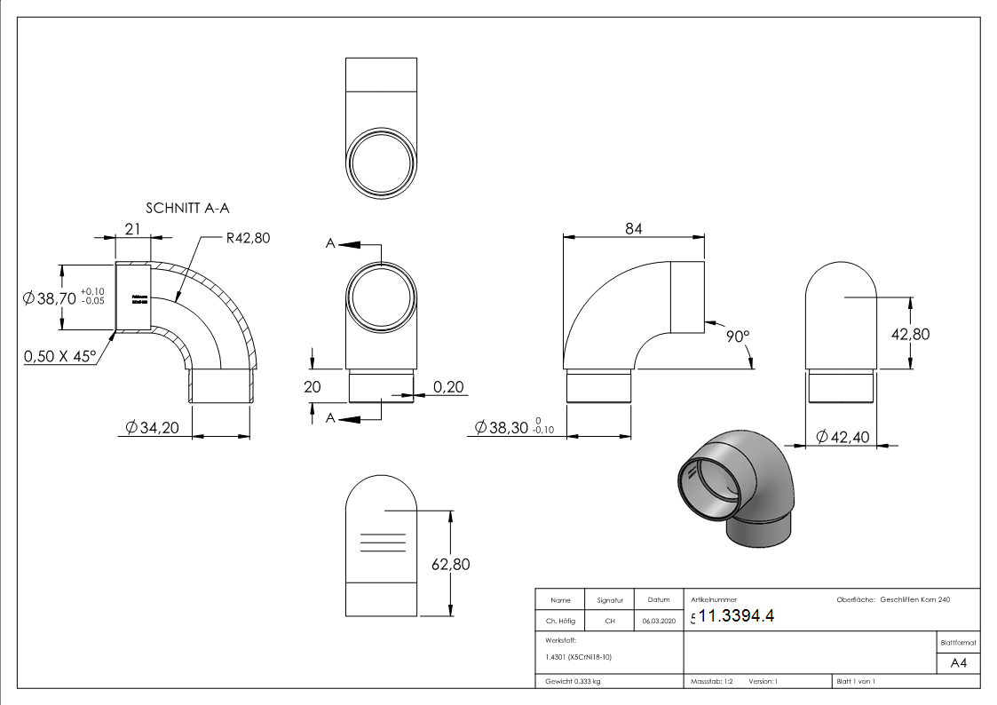 Anschlussbogen 90° für Rundrohr Ø 42,4x2,0 mm V2A