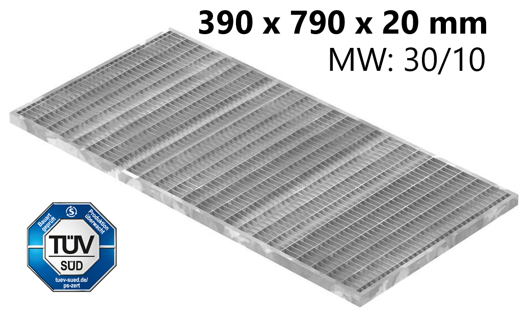 Lichtschachtrost Baunormrost | Maße:  390x790x20 mm 30/10 mm | aus S235JR (St37-2), im Vollbad feuerverzinkt