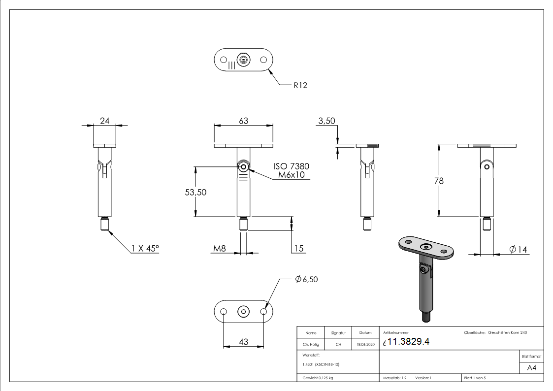 Gelenkstift mit Halteplatte | Anschluss: flach | V2A
