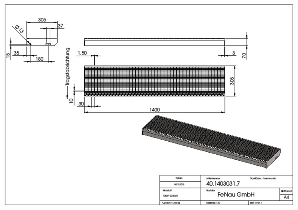Gitterroststufe Treppenstufe Maße: 1400x305 mm 30/10 mm S235JR (St37-2), im Vollbad feuerverzinkt