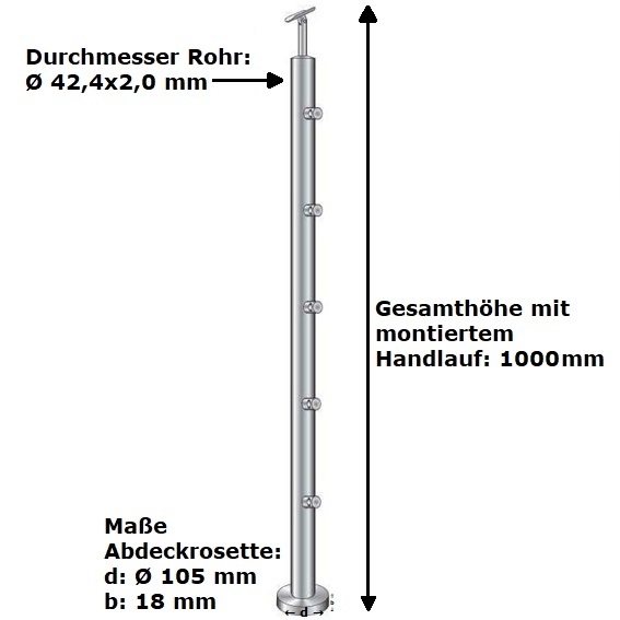 Geländerpfosten | Länge: 1000 mm | für aufgesetzte Montage | V2A