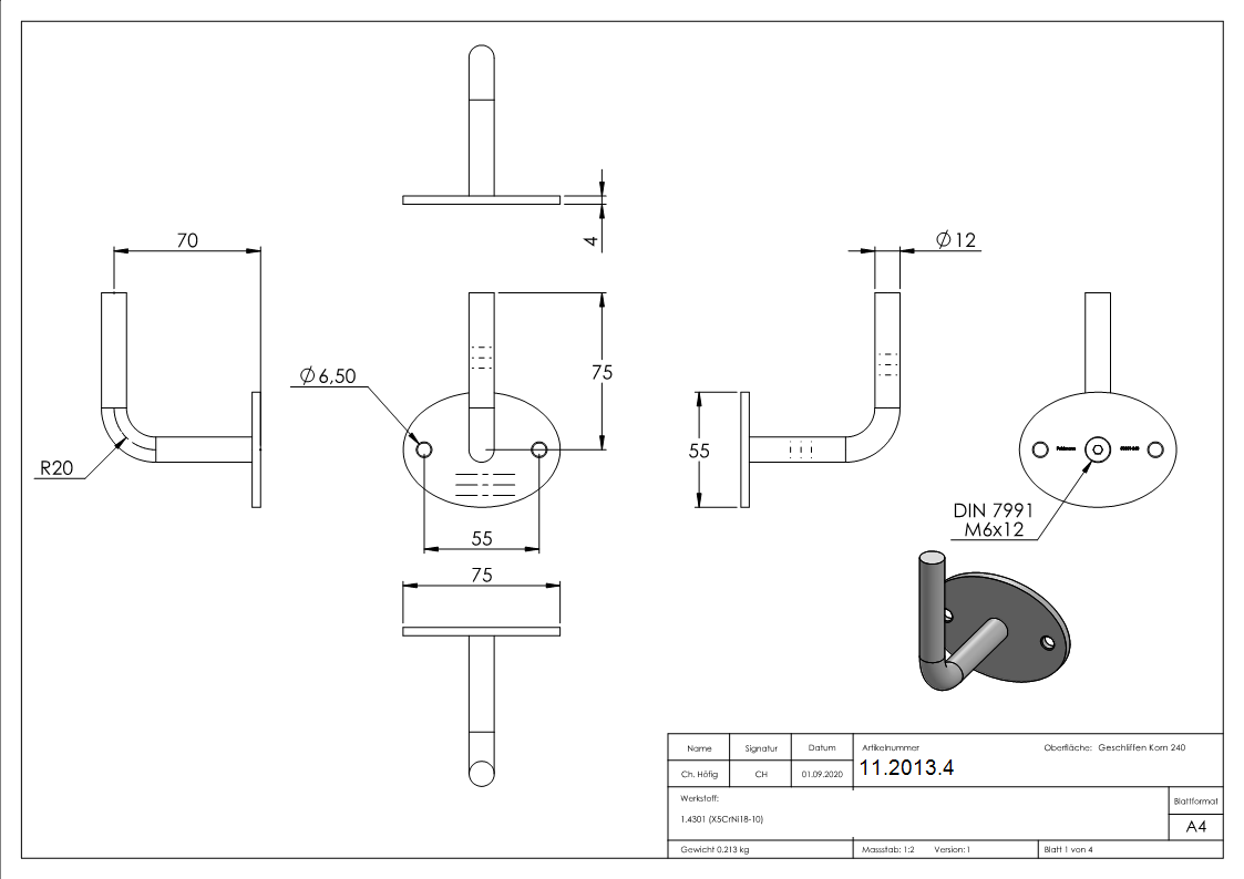 Handlaufhalter mit Ronde 75x4 mm zum Anschweissen V2A-11-2013.4