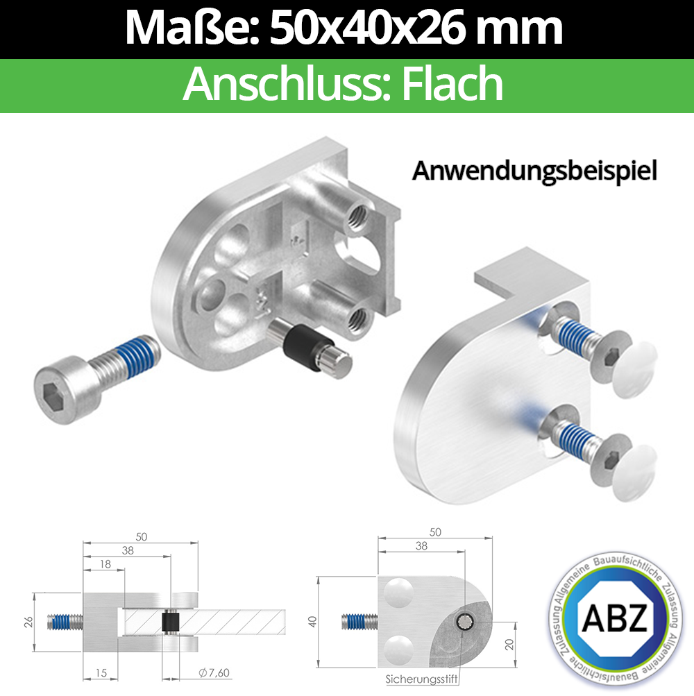 Glasklemme 50x40x26 mm AbZ für Anschluss Flach | Ø 33,7 mm | Ø 42,4 mm | Ø 48,3 mm | Ø 60,3 mm