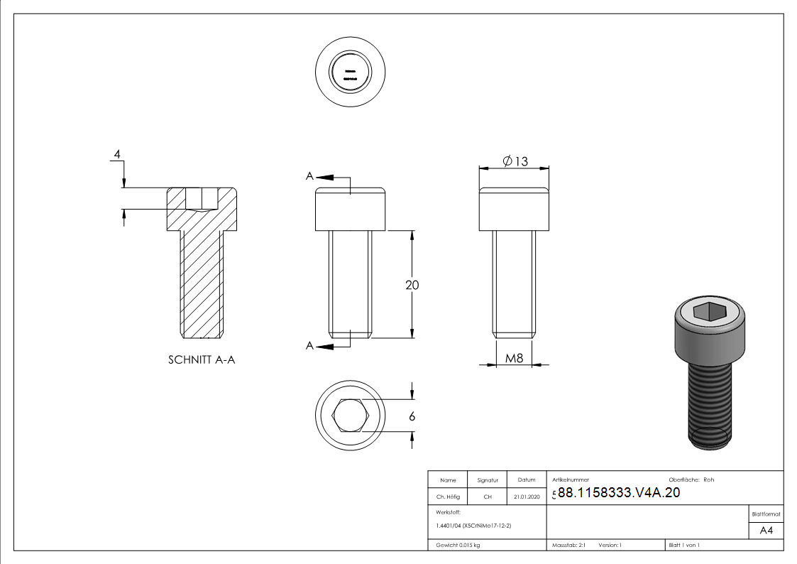 Zylinderkopfschraube M8 x 20 A4 DIN 912
