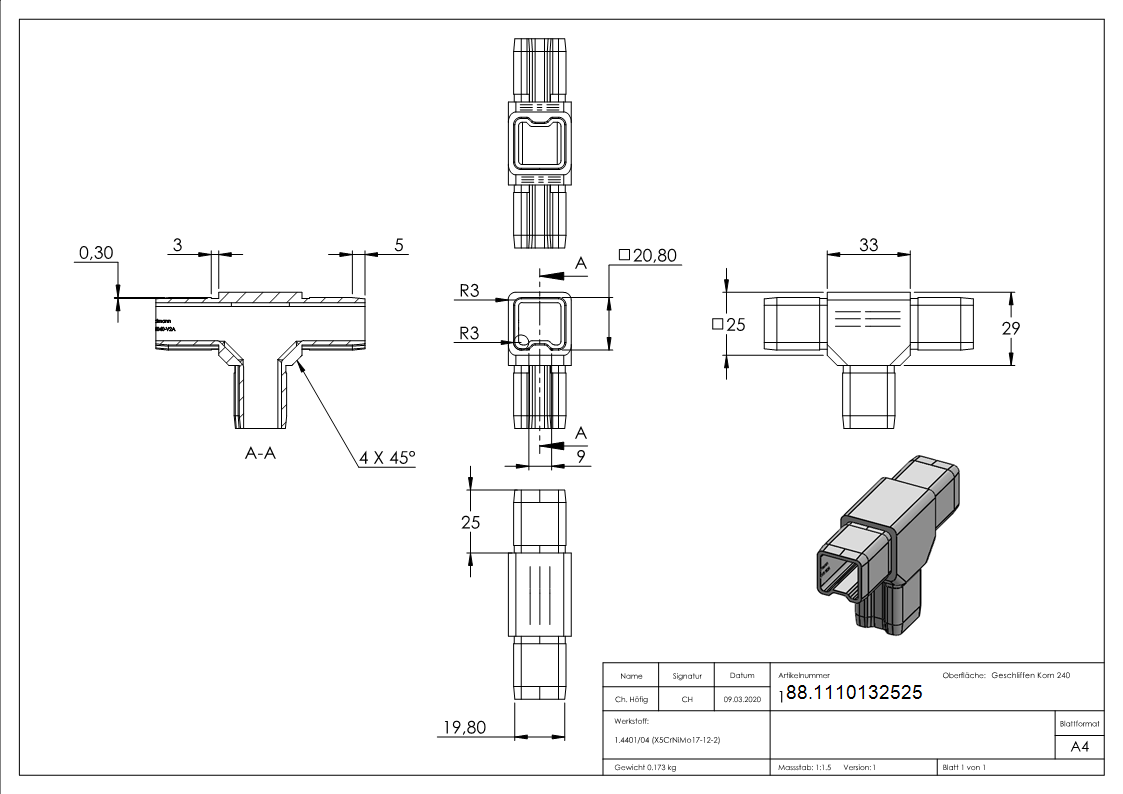T-Verbinder V4A fuer Quadratrohr 25x25x2 mm zum Stecken-88.1110132525