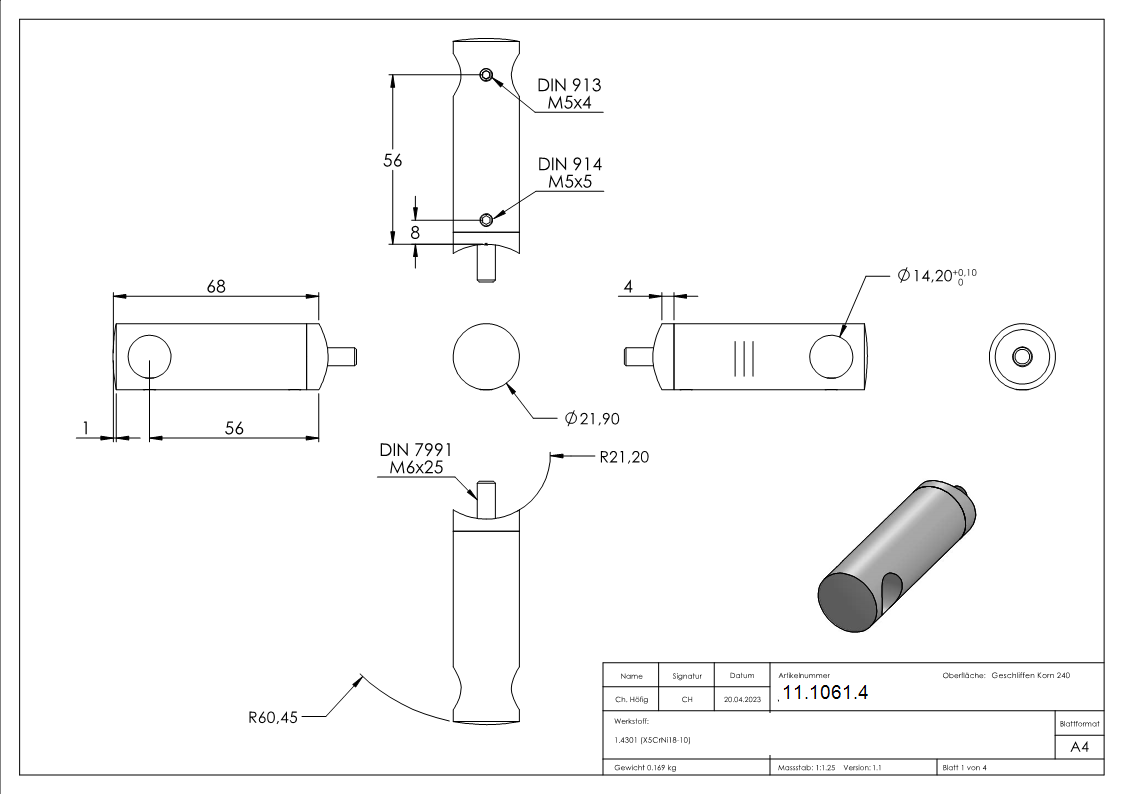 Querstabhalter V2A Edelstahl Lang 68 mm – Anschluss 42-4 mm fuer Rundstaebe 14 mm inkl- Schrauben-11-1061.4