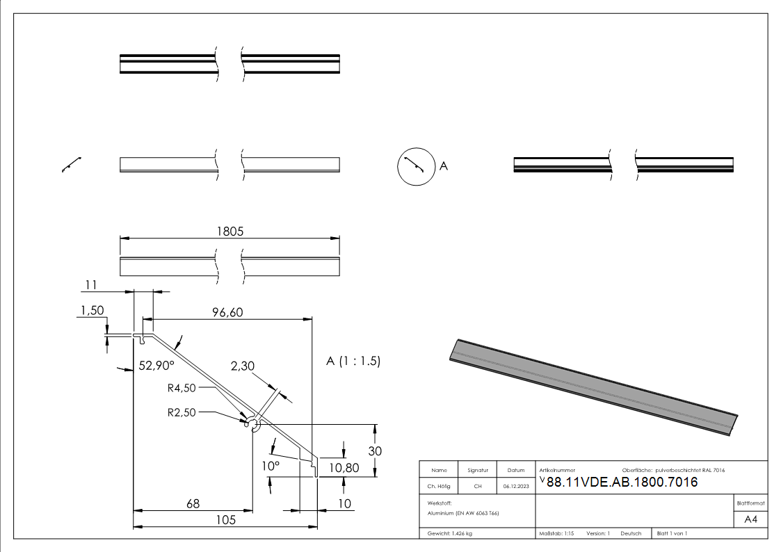 Vordachabdeckung Aluminium pulverbeschichtet L = 1805 mm RAL 7016-88-11VDE-AB-1800.7016