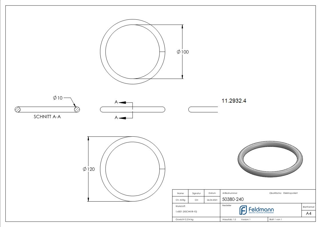 Ring | Außen-Ø: 120 mm | Materialstärke: 10 mm | V2A