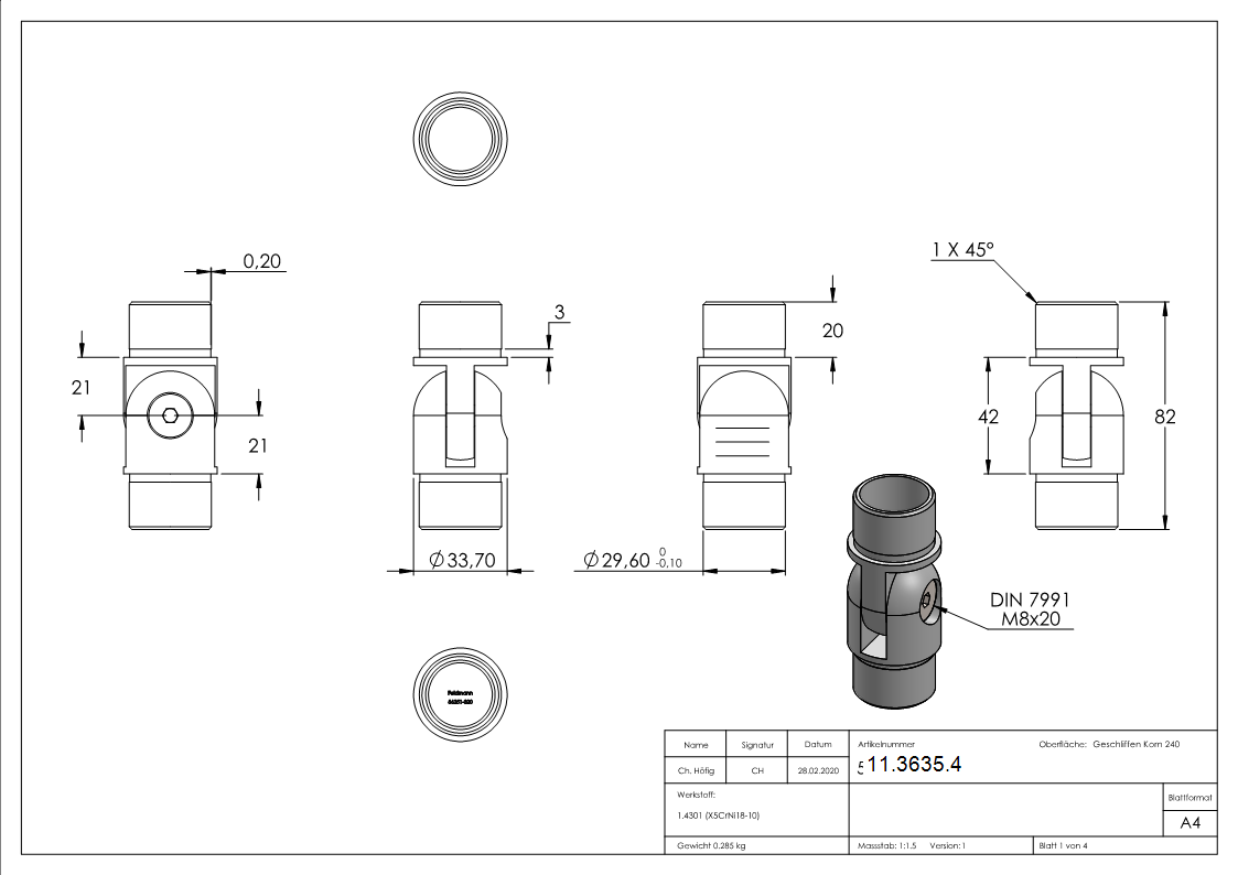 Gelenkstück für Rundrohr Ø 33,7x2,0 mm V2A