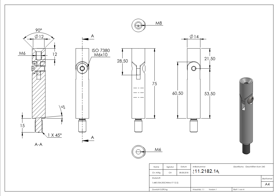 Edelstahl Gelenkstift Ø 14 x 76 mm - verstellbar - Aussen - und Innengewinde -V4A-11-2182.1