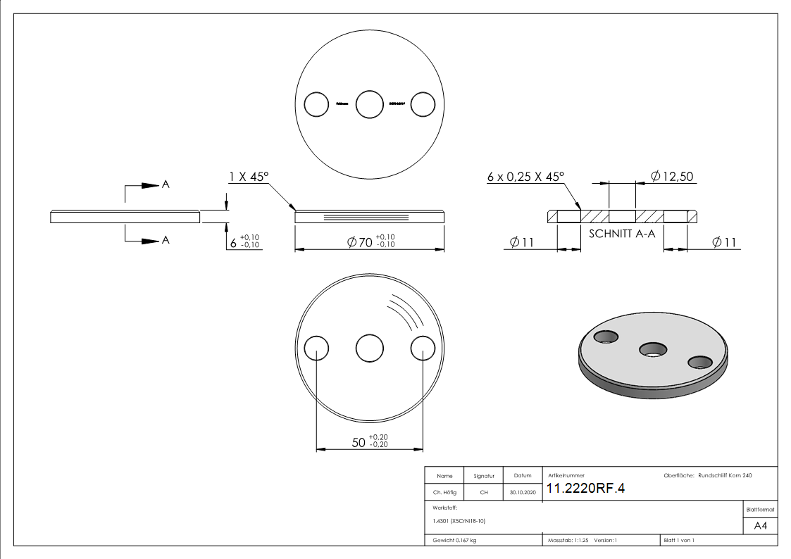 Ankerplatte Ø 70 x 6 mm mit Zentrierbohrung- Ø 12-5 mm V2A-11-2220RF.4