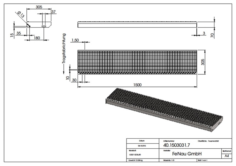 Gitterroststufe Treppenstufe Maße: 1500x305 mm 30/10 mm S235JR (St37-2), im Vollbad feuerverzinkt