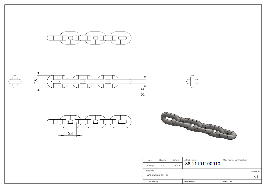 Edelstahlkette V4A Ø 10 mm DIN 766 kurzgliedrig-88.11101100010
