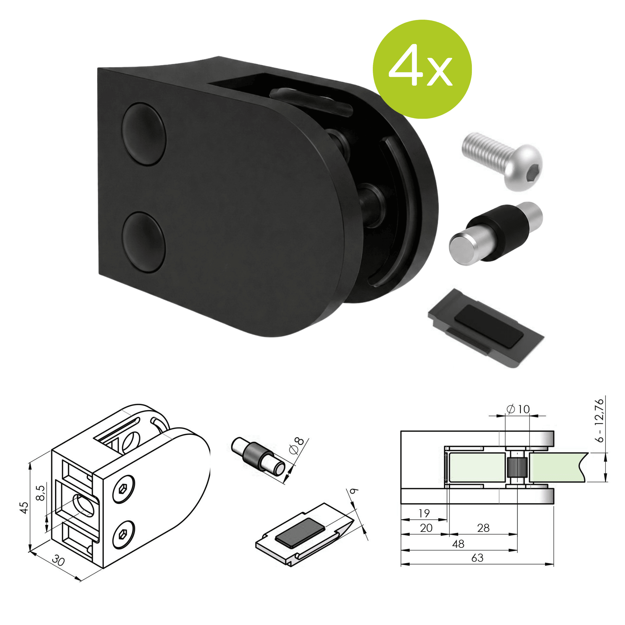 Glasklemme V2A fuer 6-12-76 mm Glas flach Schwarz pulverbeschichtet 4er Set-89-11ABL250P000SET4-A.4