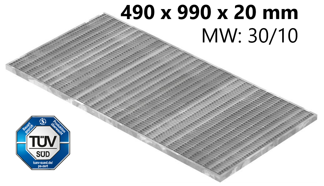 Lichtschachtrost Baunormrost | Maße:  490x990x20 mm 30/10 mm | aus S235JR (St37-2), im Vollbad feuerverzinkt