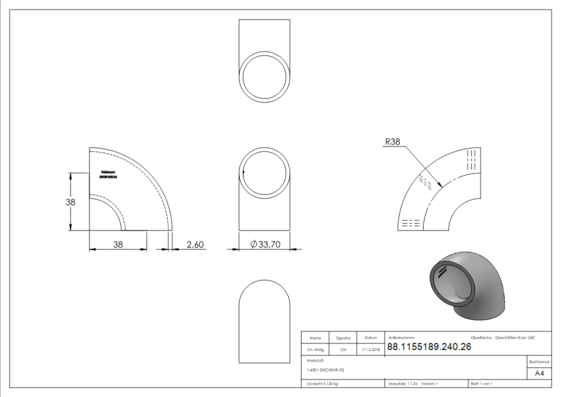 Schweissbogen 90°- 33-7 x 2-6mm- V2A- Bauart 3-88-1155189-240.26