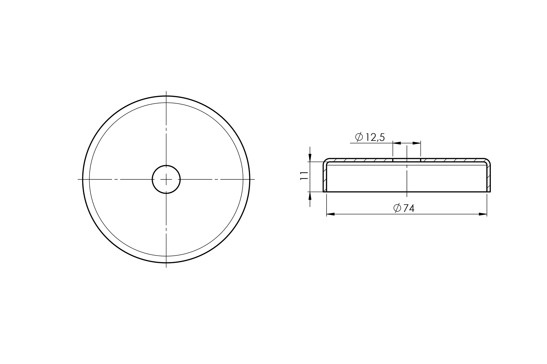 Abdeckrosette Ø 74x11 mm für Rundrohr: Ø 12 mm V2A
