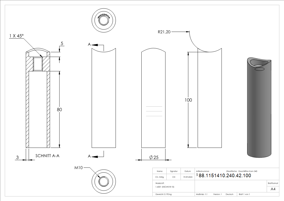 Abstandshalter für Rohr 42,4mm, Länge 100mm, V2A