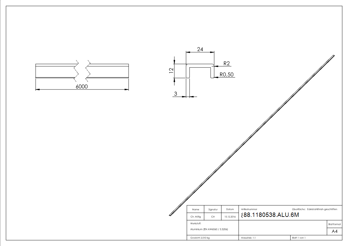 Aluminium-U-Profil, 24 x 12 x 3mm, Länge: 6000mm
