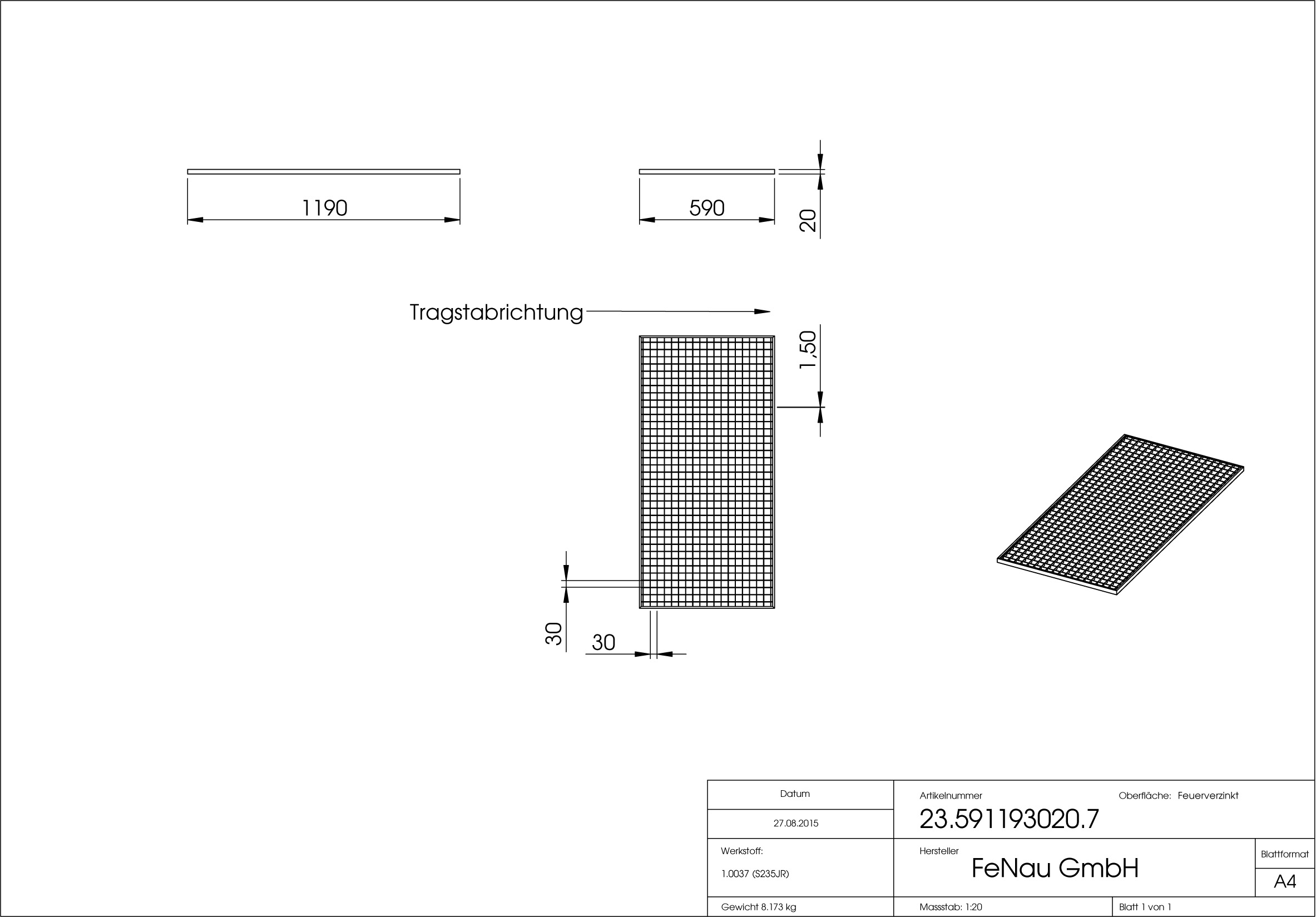 Lichtschachtrost Baunormrost | Maße:  590x1190x20 mm 30/30 mm | aus S235JR (St37-2), im Vollbad feuerverzinkt