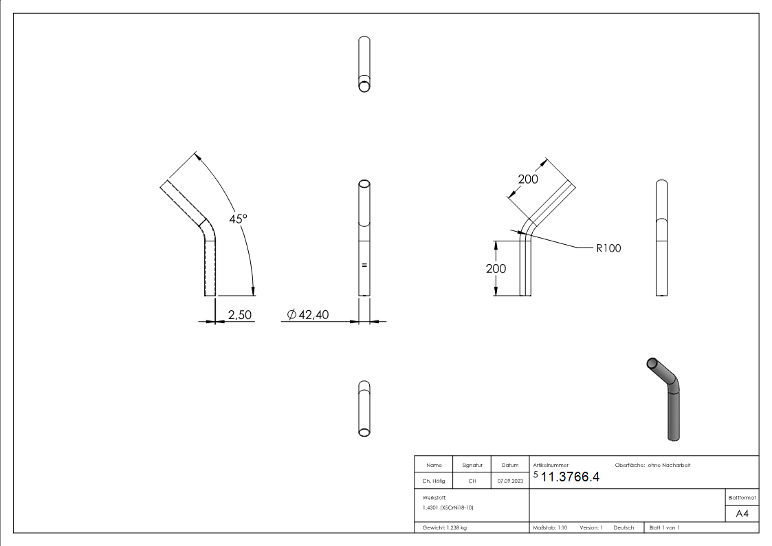Bogen 45° | zum Schweißen | aus Rundrohr: Ø 42,4x2,6 mm | V2A