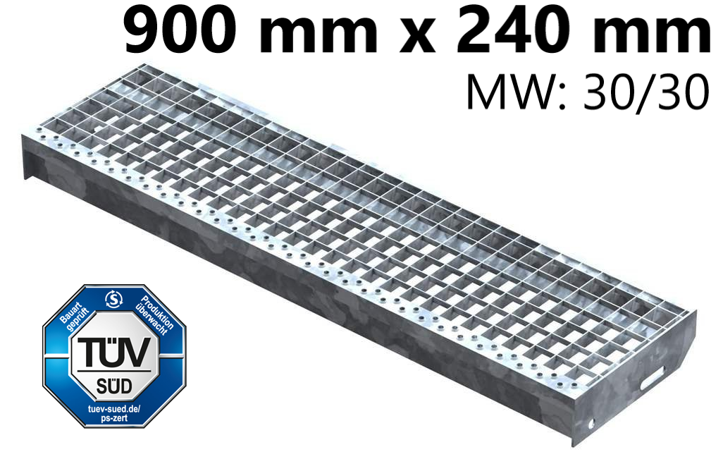 Gitterroststufe Treppenstufe | Maße: 900x240 mm 30/30 mm | S235JR (St37-2), im Vollbad feuerverzinkt