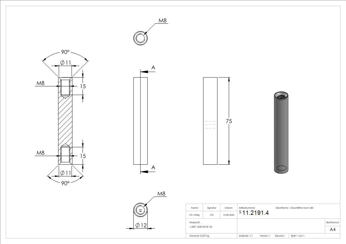 Stift | Maße: 75x12 mm | mit 2 Innengewinde: M8x15 mm | V2A