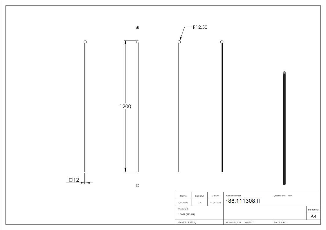 Zaunstab Schmiedeeisen 12x12 mm H- 1200 mm Kugel Ø 25 mm angeschmiedet-88-111308.IT