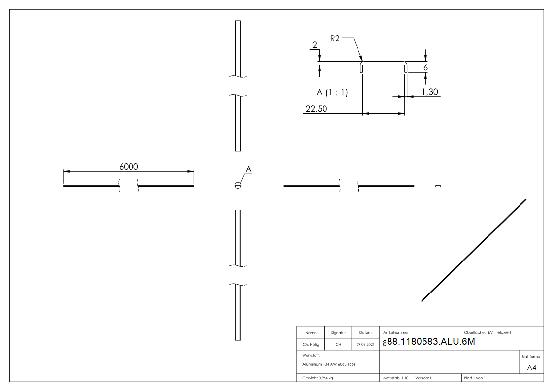 Kantenschutz EXTRA SLIM, für Glas 20,00 - 21,52mm, L=6m, Aluminium E4/EV1