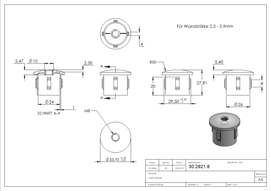 Stahlstopfen | leicht gewölbt | mit M8 | für Rundrohr Ø 33,7x2,5-2,9 mm | Stahl S235JR, roh