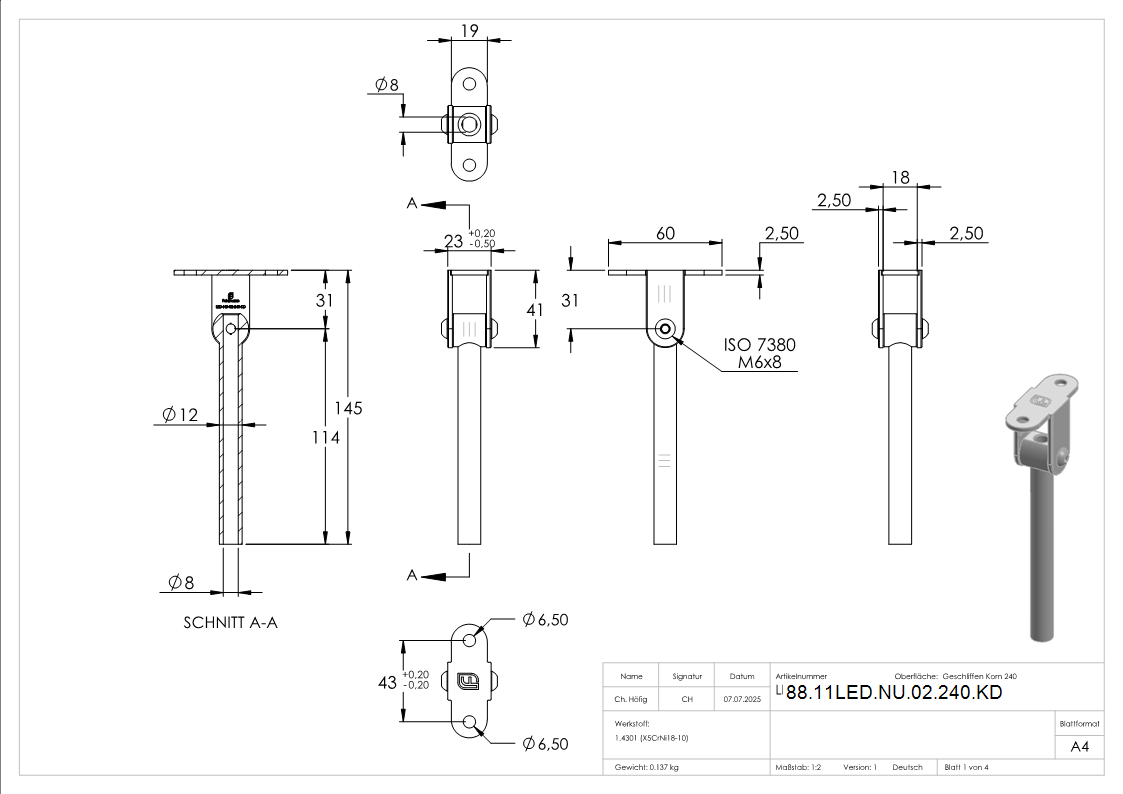 Gelenkstift V2A Ø12x145 mm fuer Nut 24x24 mm LED Handlauf Kabeldurchfuehrung-88-11LED-NU-02-240.KD