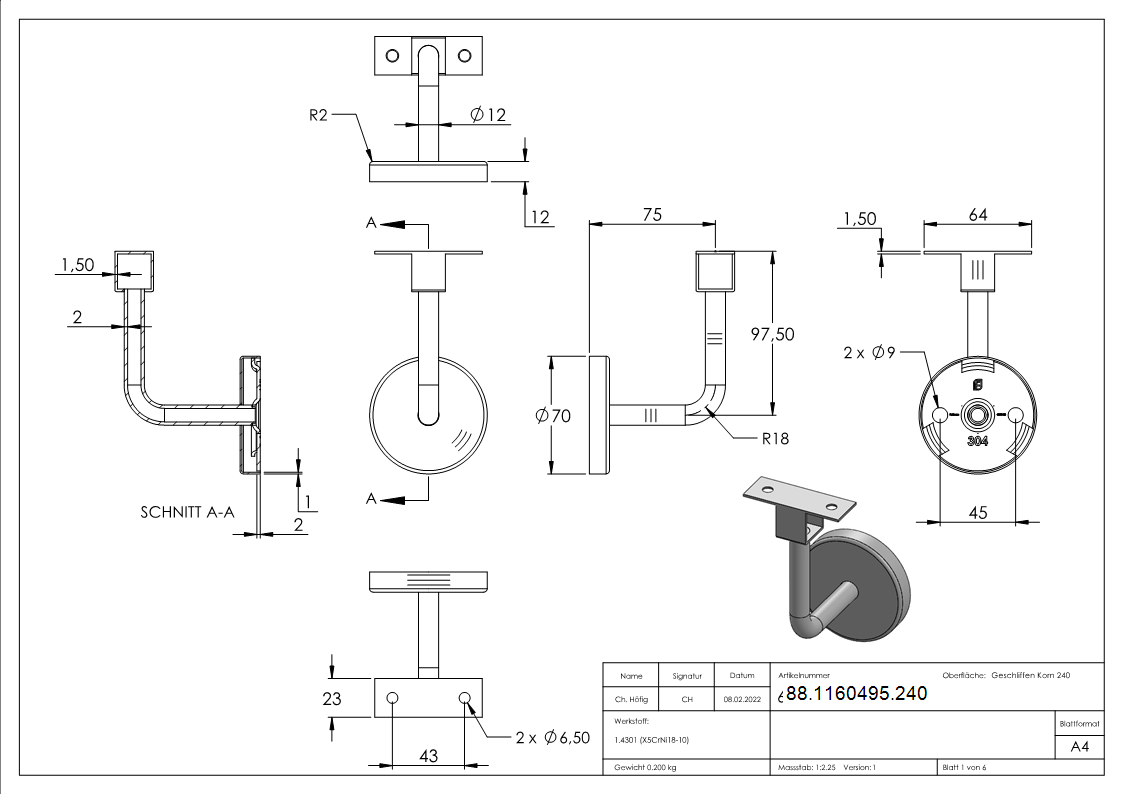 Handlaufhalter V2A fuer Nut 24x24 mm Buegel Ø 12 mm LED Handlauf verschweisst-88-1160495.240