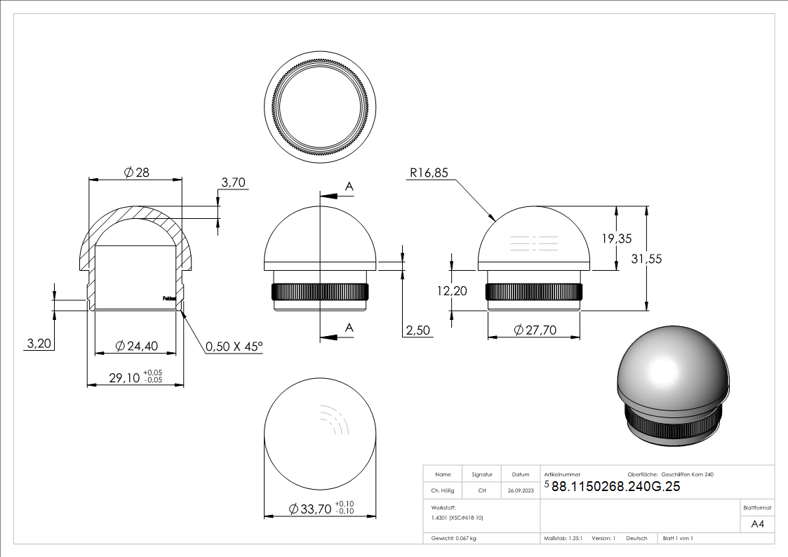 Einsteckkappe Edelstahl V2A fuer Rohr Ø 33-7 mm x 2-5 mm halbrund zum Einschlagen-88-1150268-240G.25