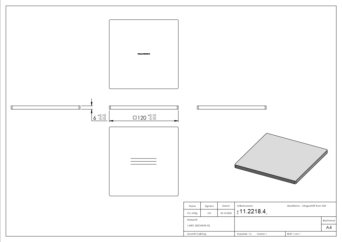 Ankerplatte Maße: 120 x 120 x 6 mm V2A