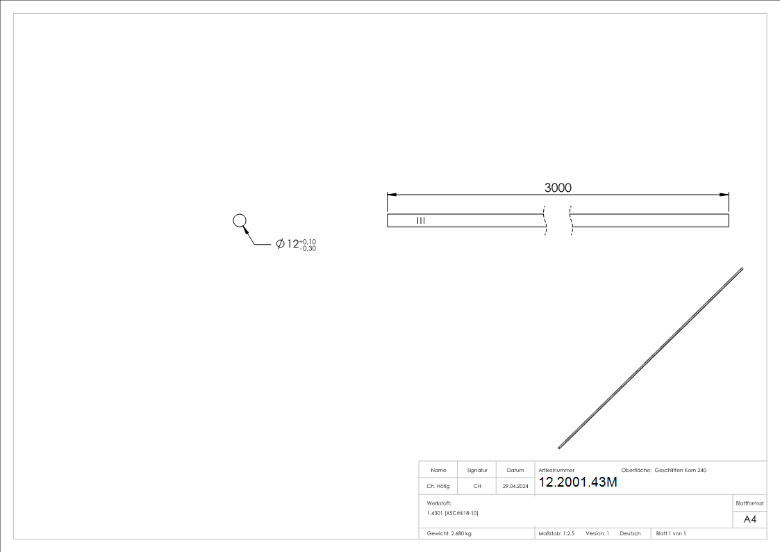 Rundstab Ø 12 mm á 3 m V2A Edelstahl
