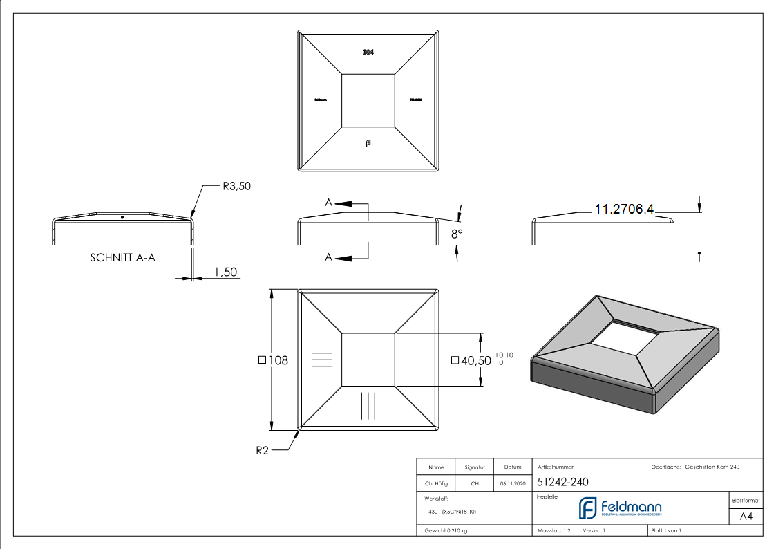 Abdeckrosette 108x108x25 mm für Vierkantrohr: 40x40 mm V2A