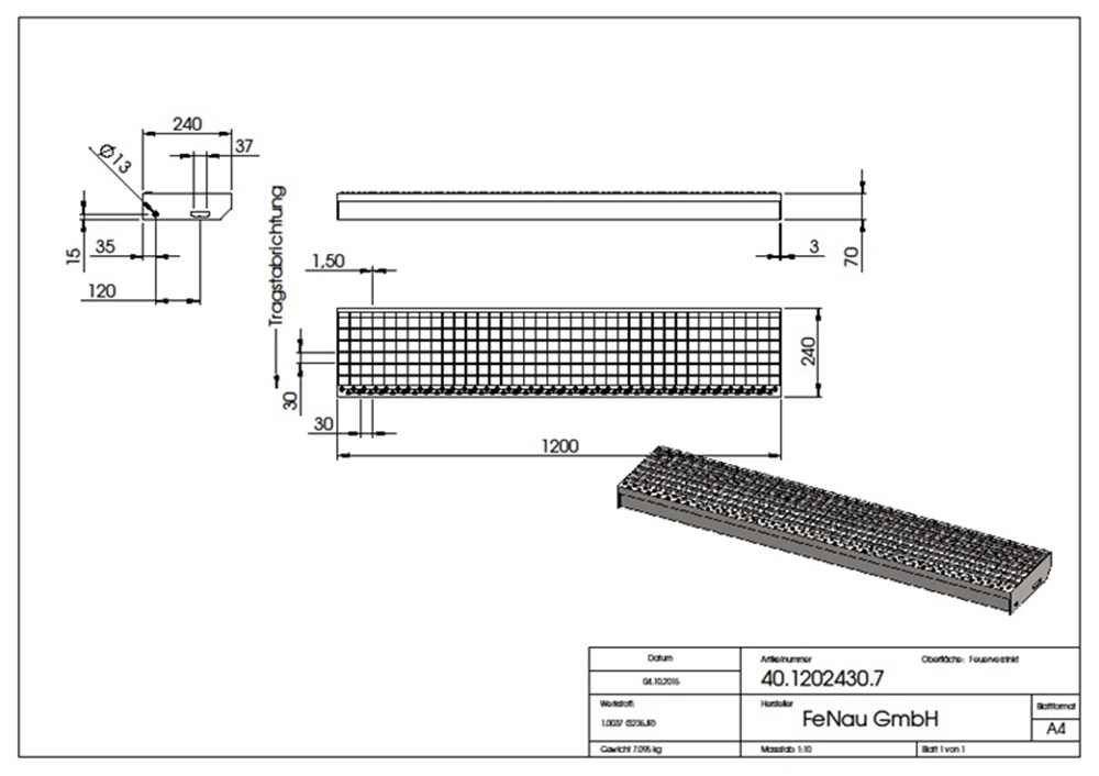 Gitterroststufe Treppenstufe Maße: 1200x240 mm 30/30 mm S235JR (St37-2), im Vollbad feuerverzinkt