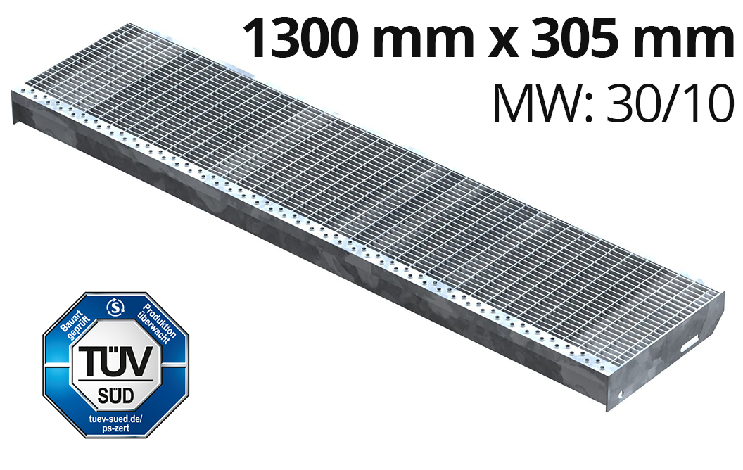 Gitterroststufe Treppenstufe Maße: 1300x305 mm 30/10 mm S235JR (St37-2), im Vollbad feuerverzinkt