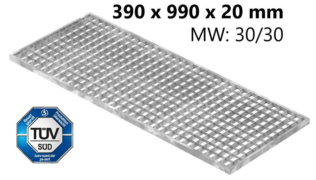 Lichtschachtrost Baunormrost | Maße:  390x990x20 mm 30/30 mm | aus S235JR (St37-2), im Vollbad feuerverzinkt