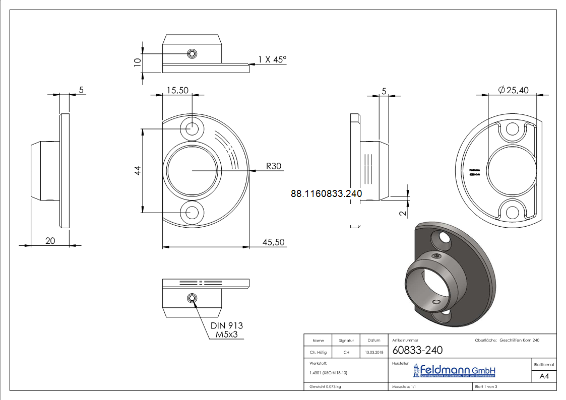 Wandanker, für Rohr 25,0mm