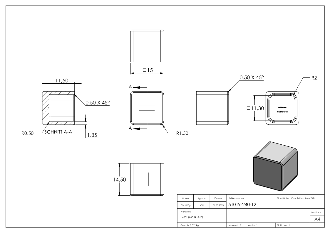 Endkappe für 12 x 12mm Vierkant, V2A