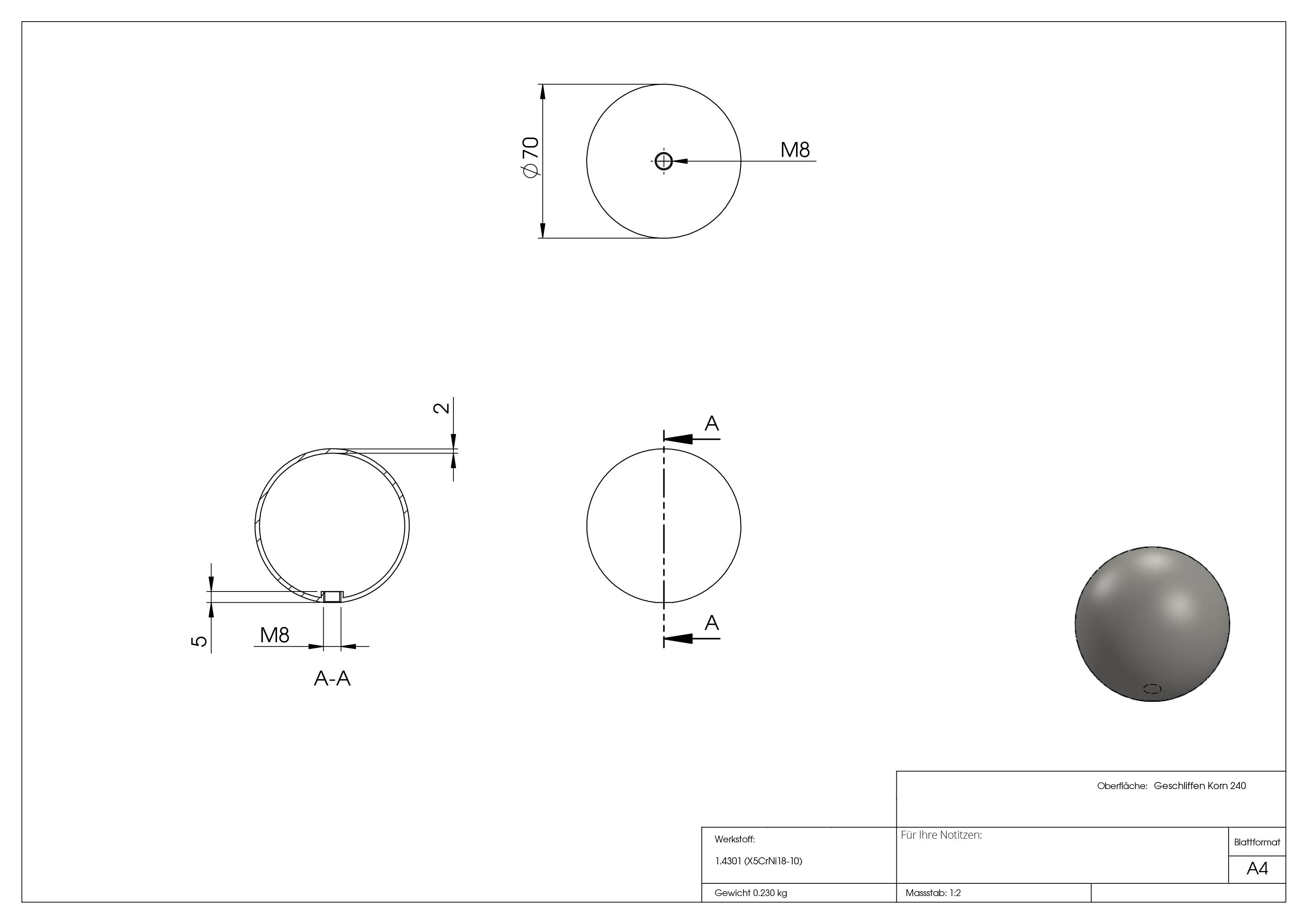 Hohlkugel | Ø 70 mm | mit Gewinde: M8 | V2A