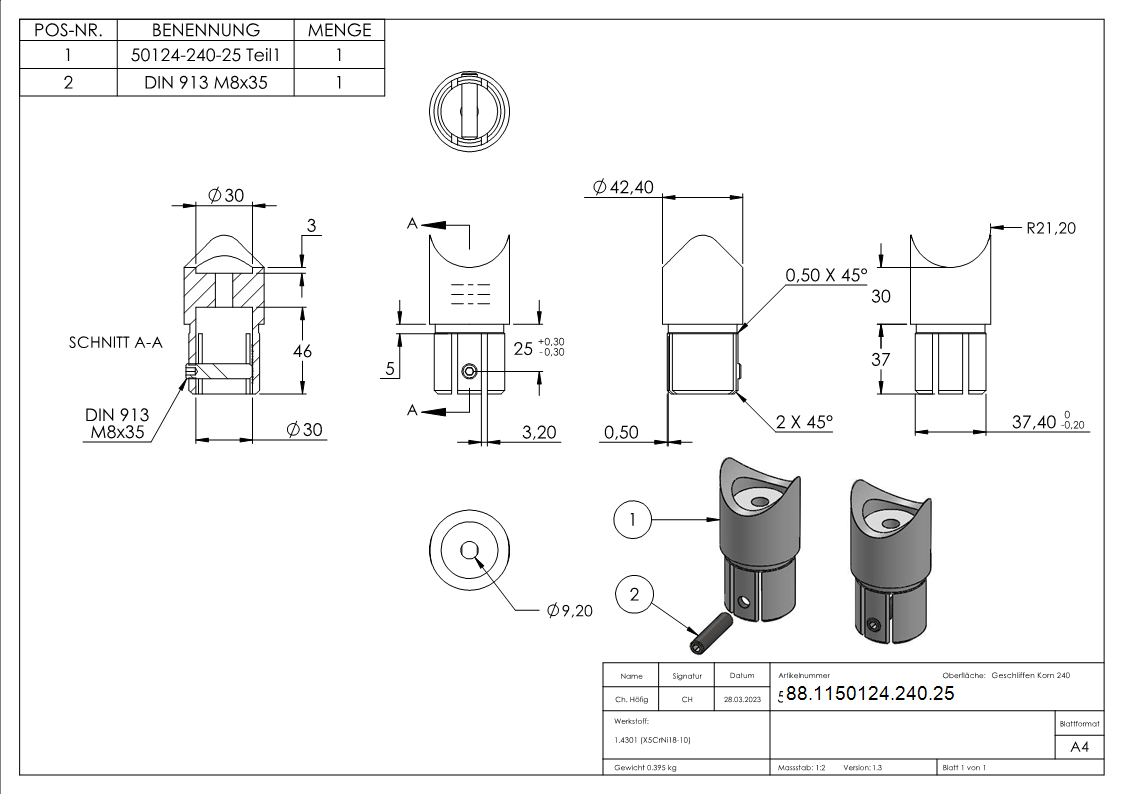 Winkelverbinder V2A 42-4 mm 90° mit Klemmschraube-88-1150124-240.25