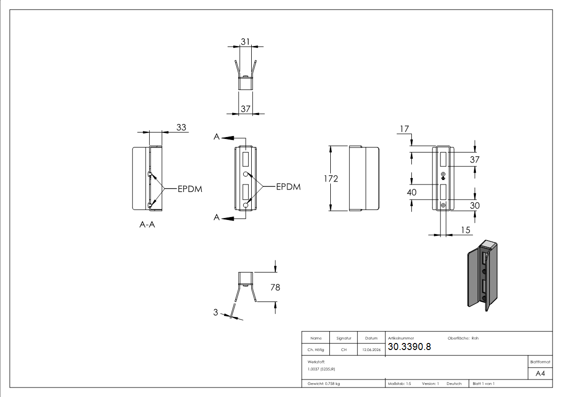 Schliesskasten Stahl roh fuer 30 mm Profil Schiebetore-30-3390.8