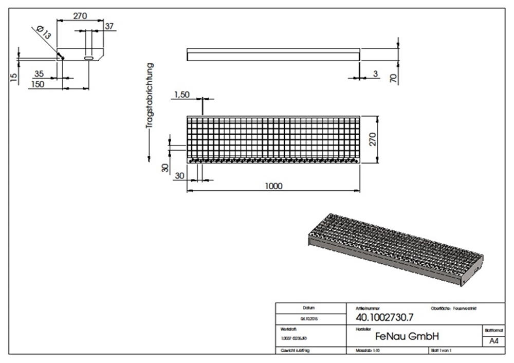 Gitterroststufe Treppenstufe | Maße: 1000x270 mm 30/30 mm R13 | S235JR (St37-2), im Vollbad feuerverzinkt