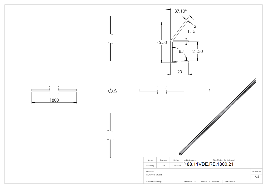 Regenrinne Aluminium eloxiert fuer Glas 21-52 mm L = 1800 mm Edelstahloptik E4-EV1-88-11VDE-RE-1800.21