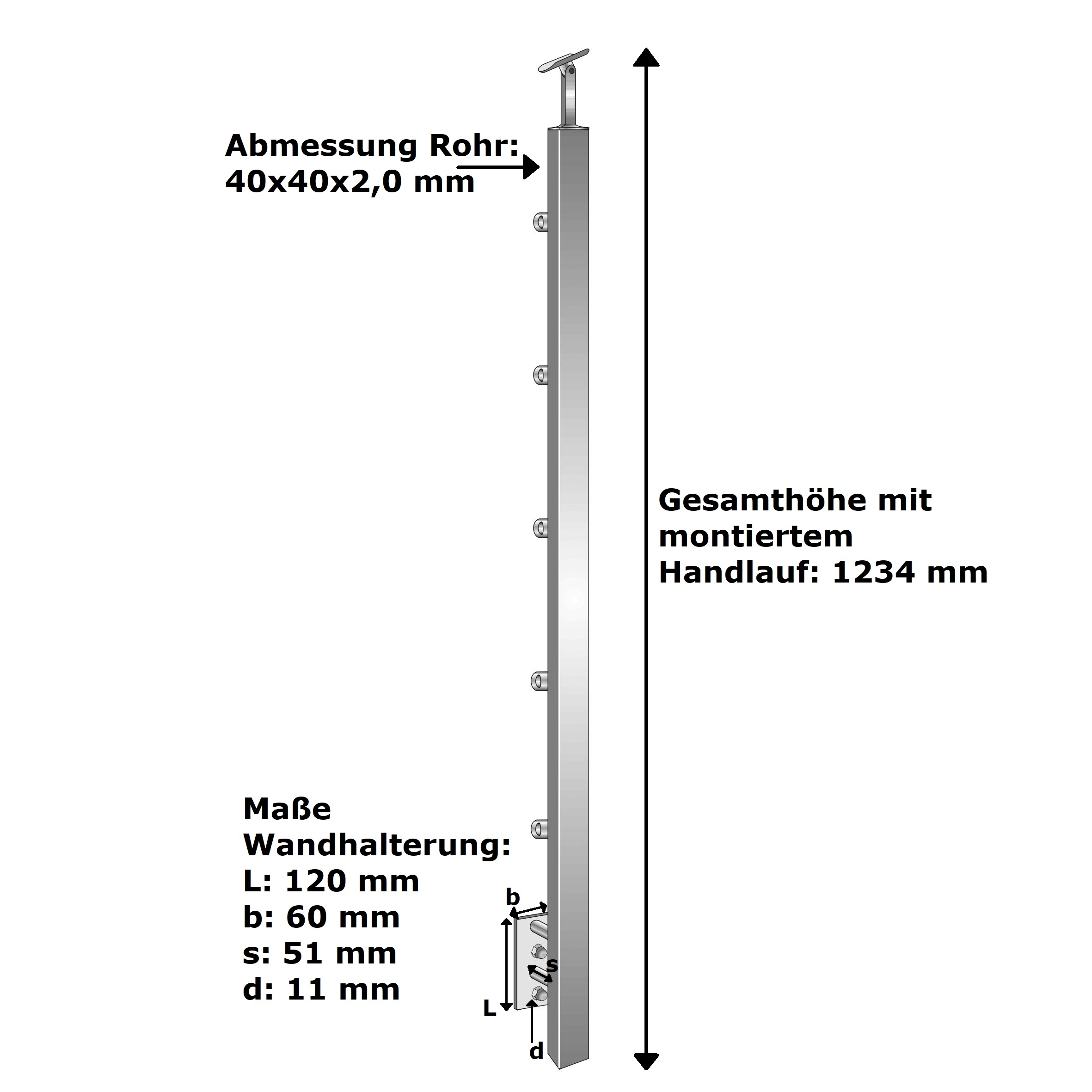 Geländerpfosten | Treppenpfosten | Länge: 1000 mm | für seitliche Montage | V2A