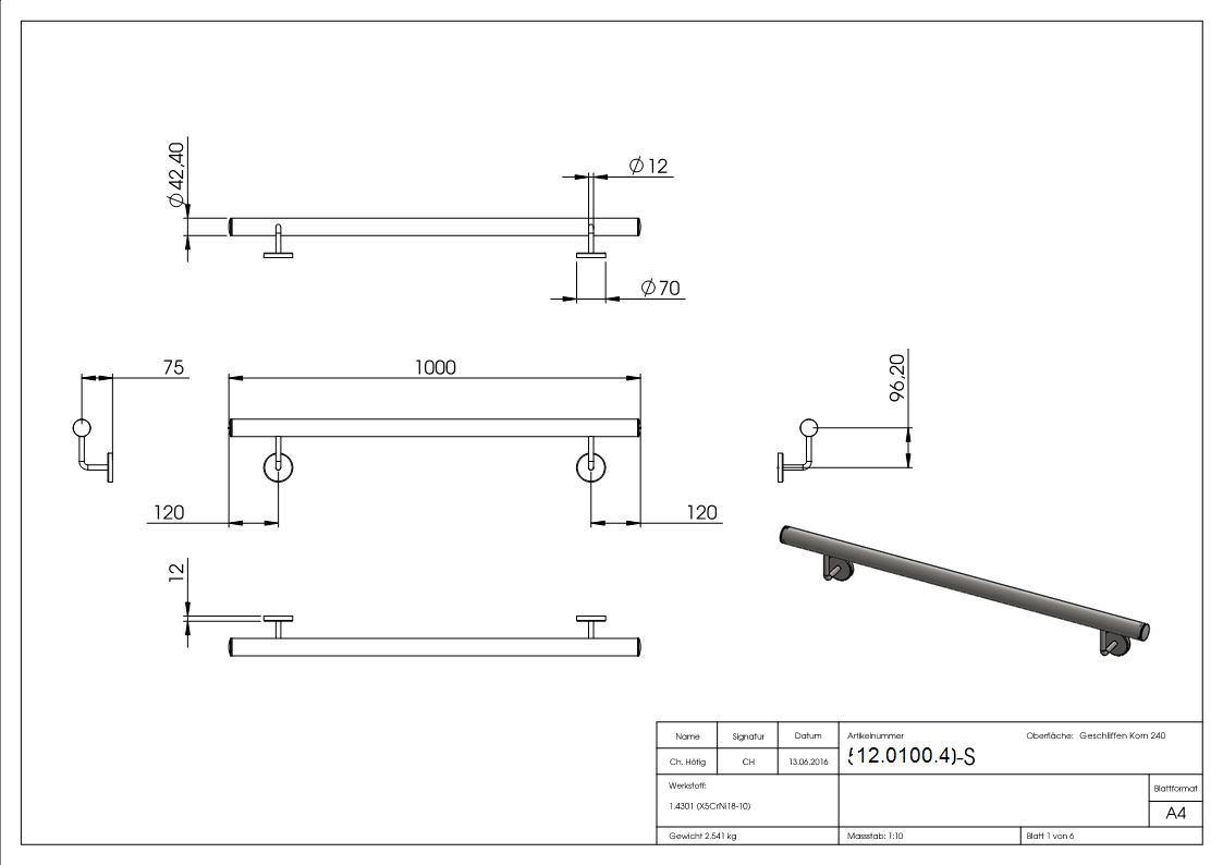 Handlauf - montagefertig - Laenge- 1000 mm - Rundrohr- Ø 42-4 mm - V2A-12-0100.4