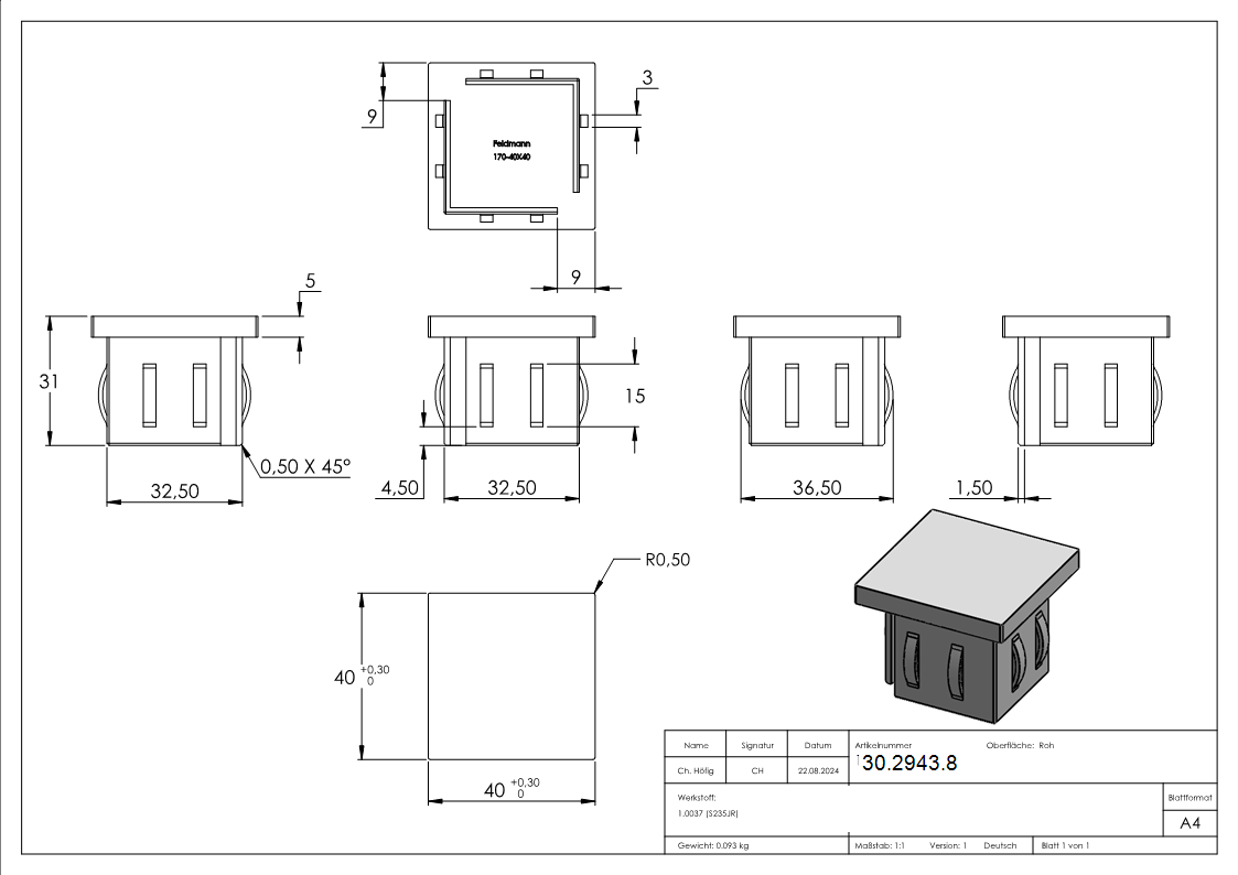 Stahlstopfen flach - fuer Rohr 40x40x2-0-3-0 mm - Stahl S235JR- roh-30-2943.8
